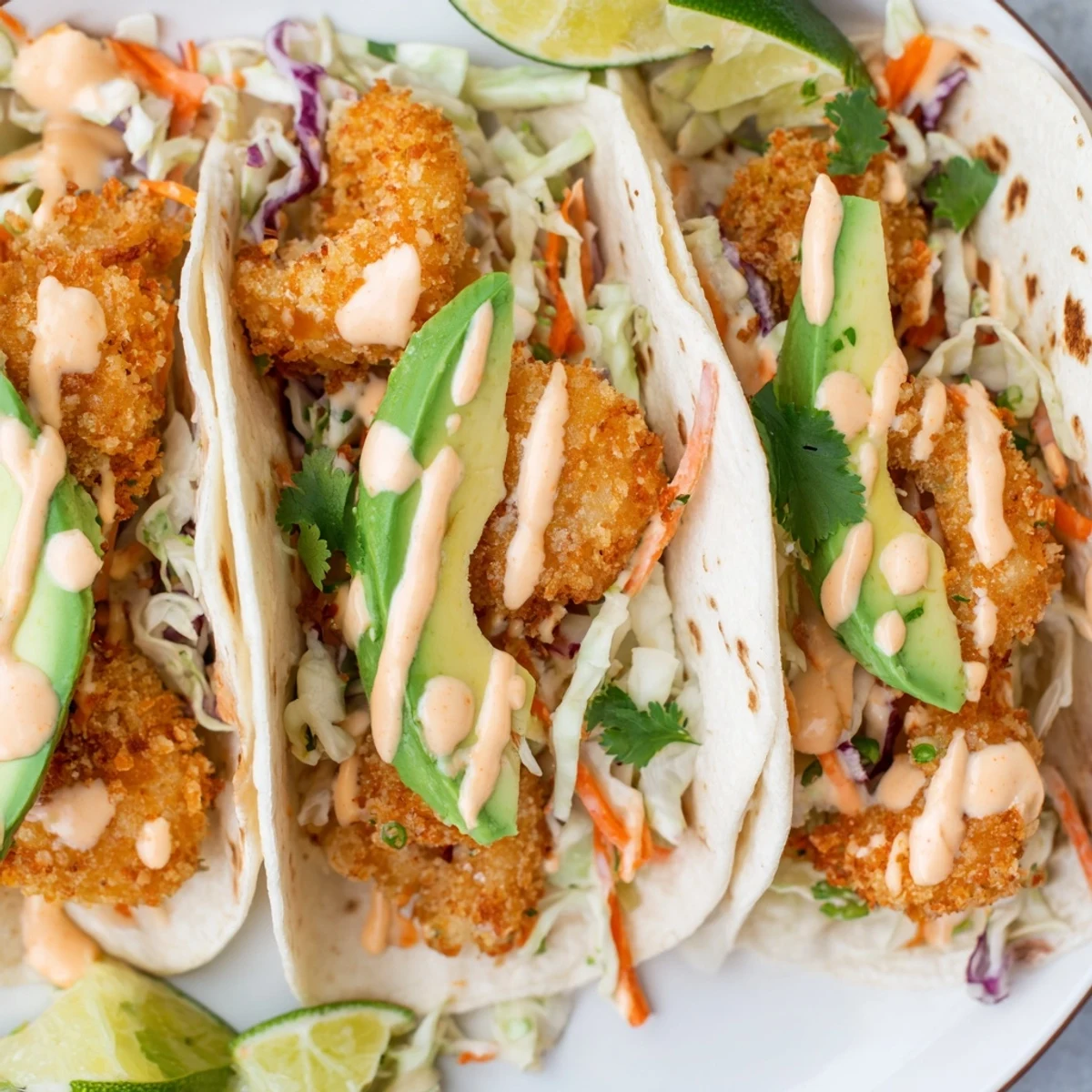Warm tortillas filled with battered Bang Bang shrimp tacos, fresh avocado, and tangy lime wedges