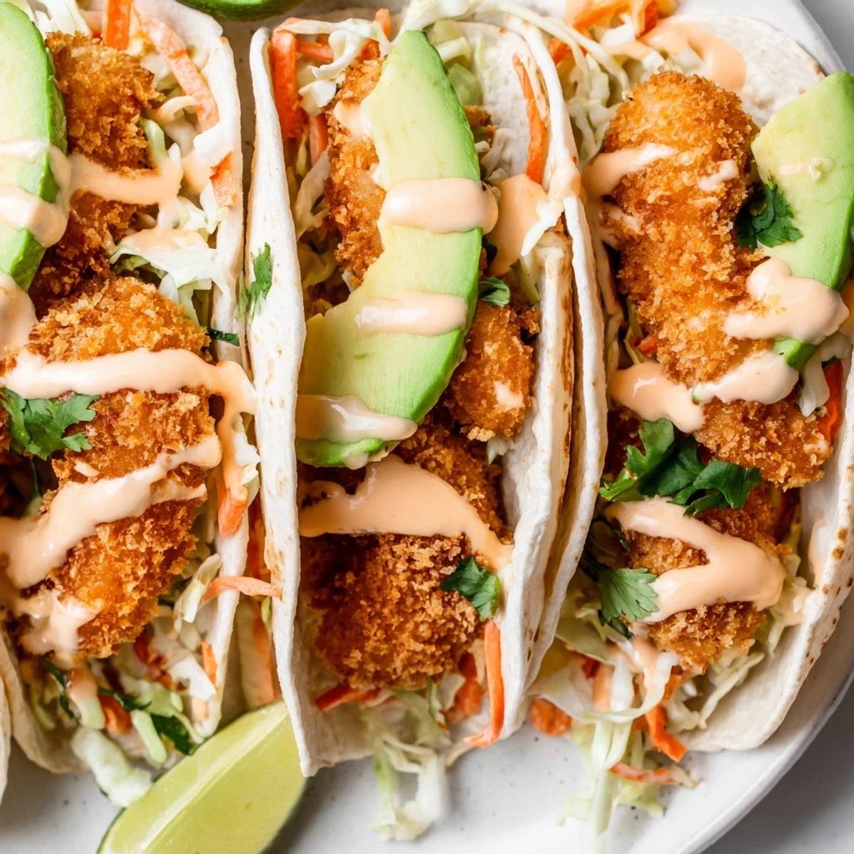 Homemade Bang Bang shrimp tacos piled high with crunchy cabbage slaw and zesty crema