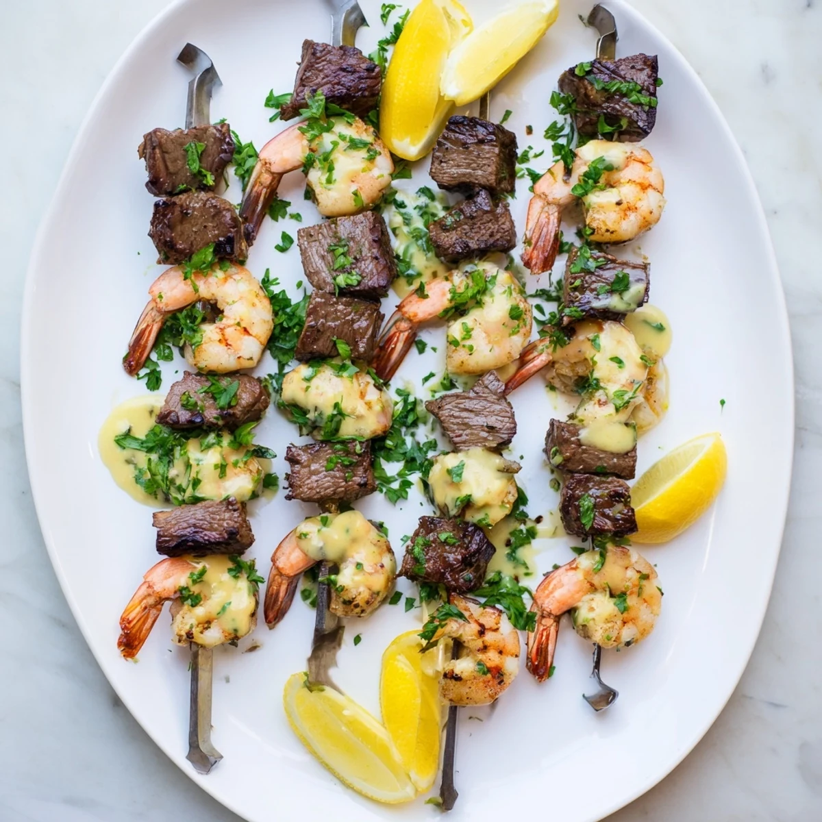 Grilled steak and shrimp skewers brushed with golden garlic butter sauce on a platter