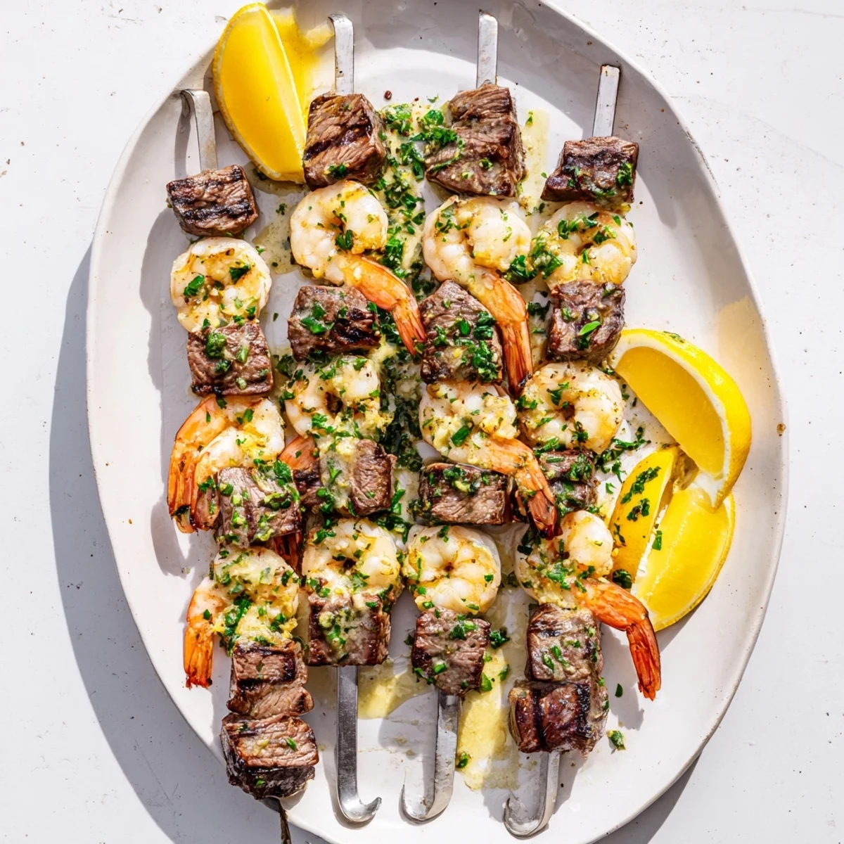 Perfectly grilled steak and shrimp skewers arranged on a serving plate with fresh parsley garnish