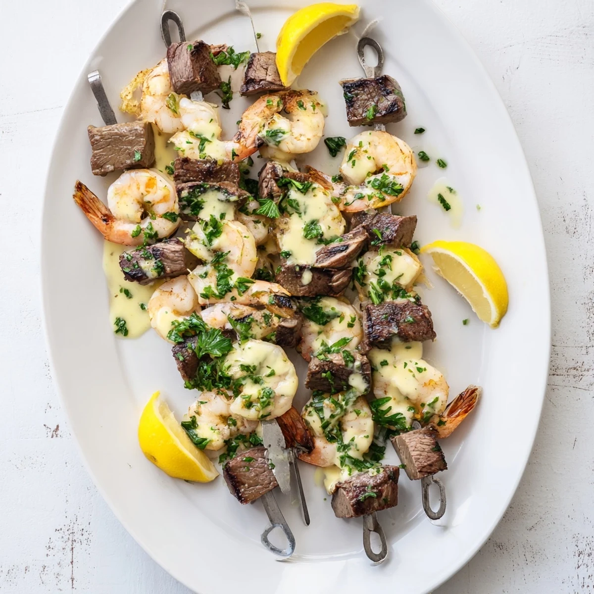 Sizzling surf-and-turf skewers featuring juicy beef and tender shrimp drizzled with melted garlic butter