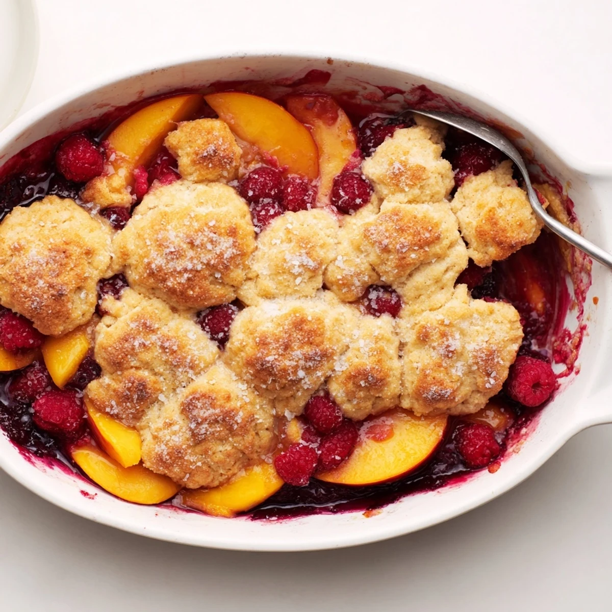 Golden peach raspberry cobbler bubbling in a baking dish with buttery biscuit topping