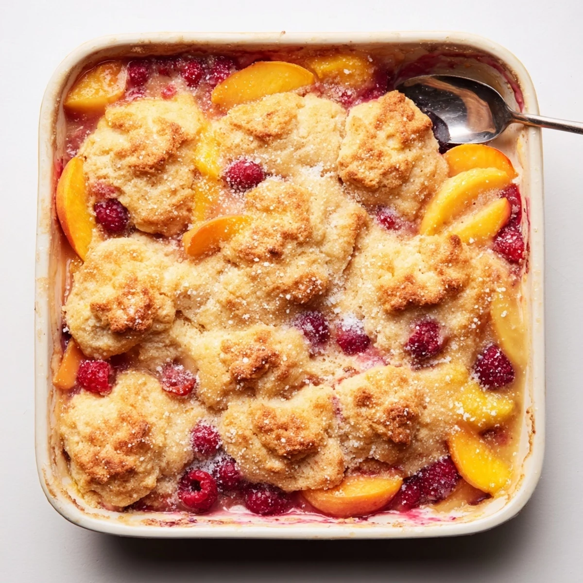 Warm peach and raspberry cobbler served in a white bowl with vanilla ice cream