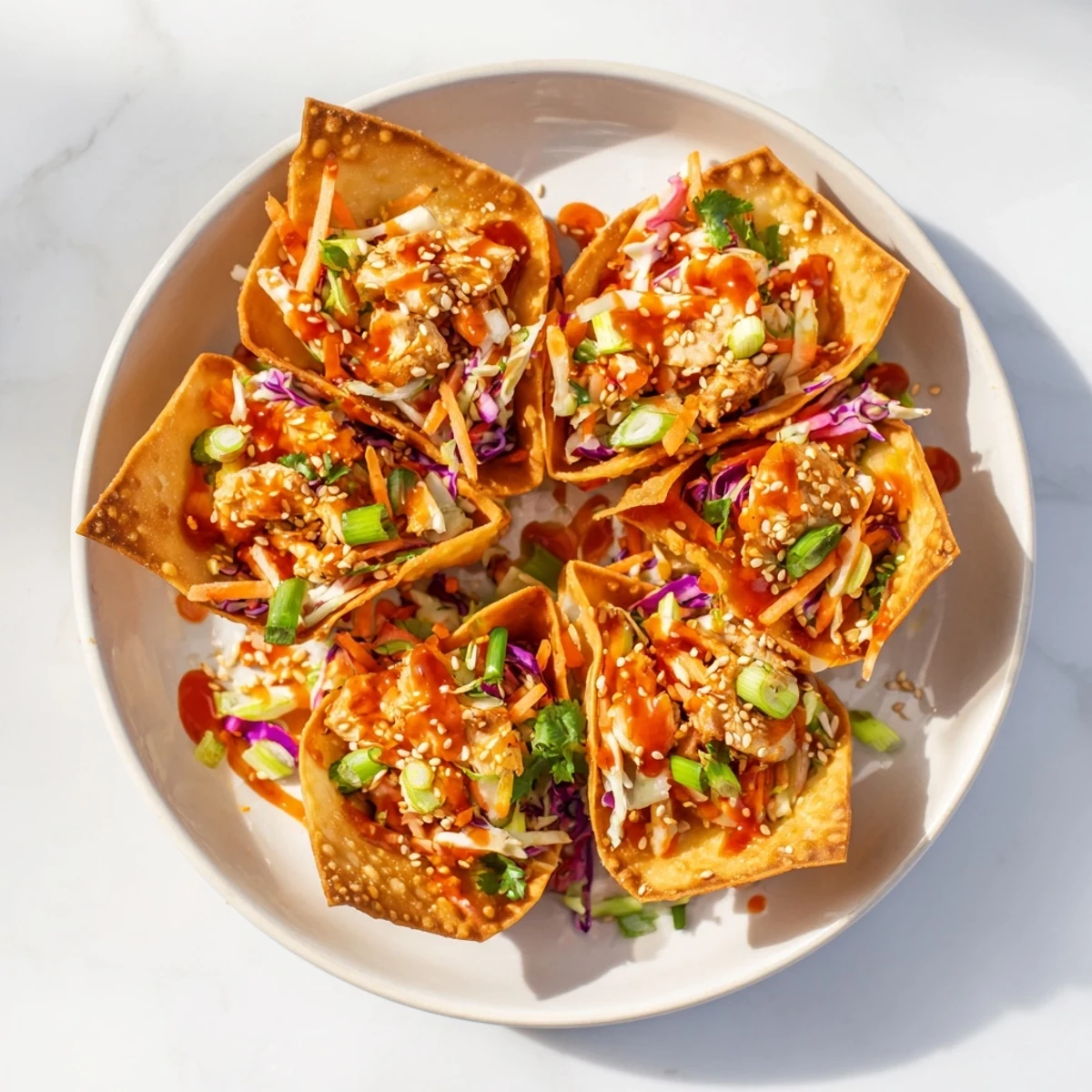 Crispy wonton shell tacos filled with seasoned chicken and crunchy cabbage slaw for fusion appetizers