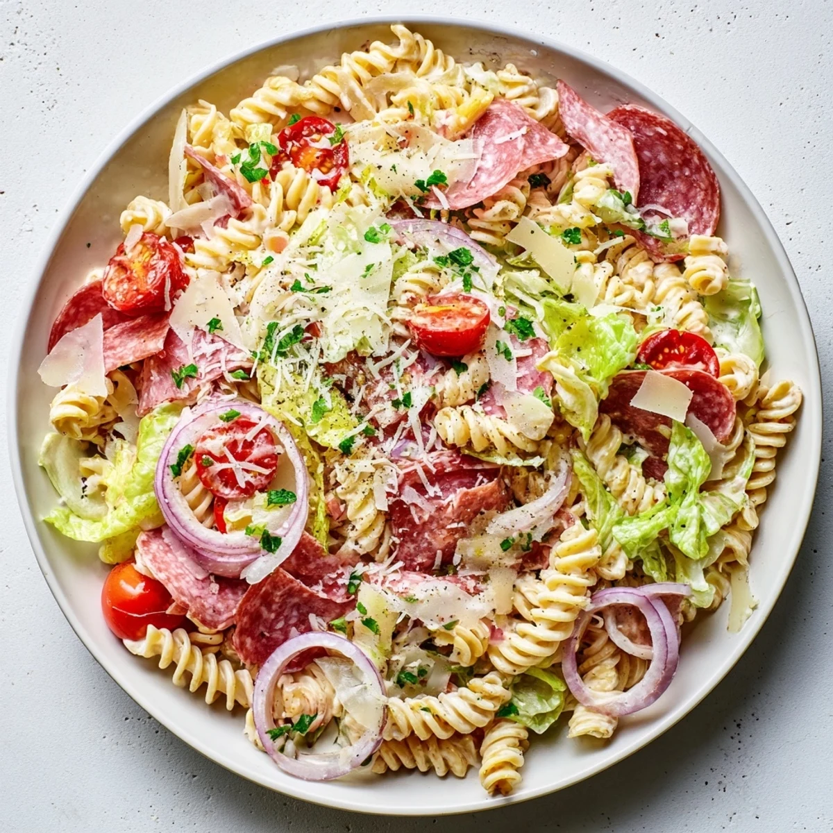Hearty Italian grinder pasta salad featuring cured meats, cherry tomatoes, and pepperoncini in zesty mayonnaise dressing