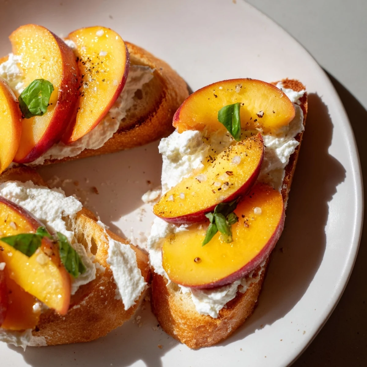 Golden peach bruschetta with creamy whipped ricotta atop toasted rustic baguette slices