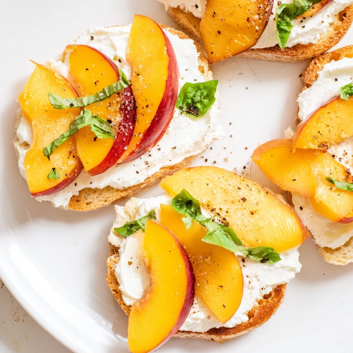 Summer peach bruschetta featuring sweet peaches, light ricotta spread, and fresh basil garnish
