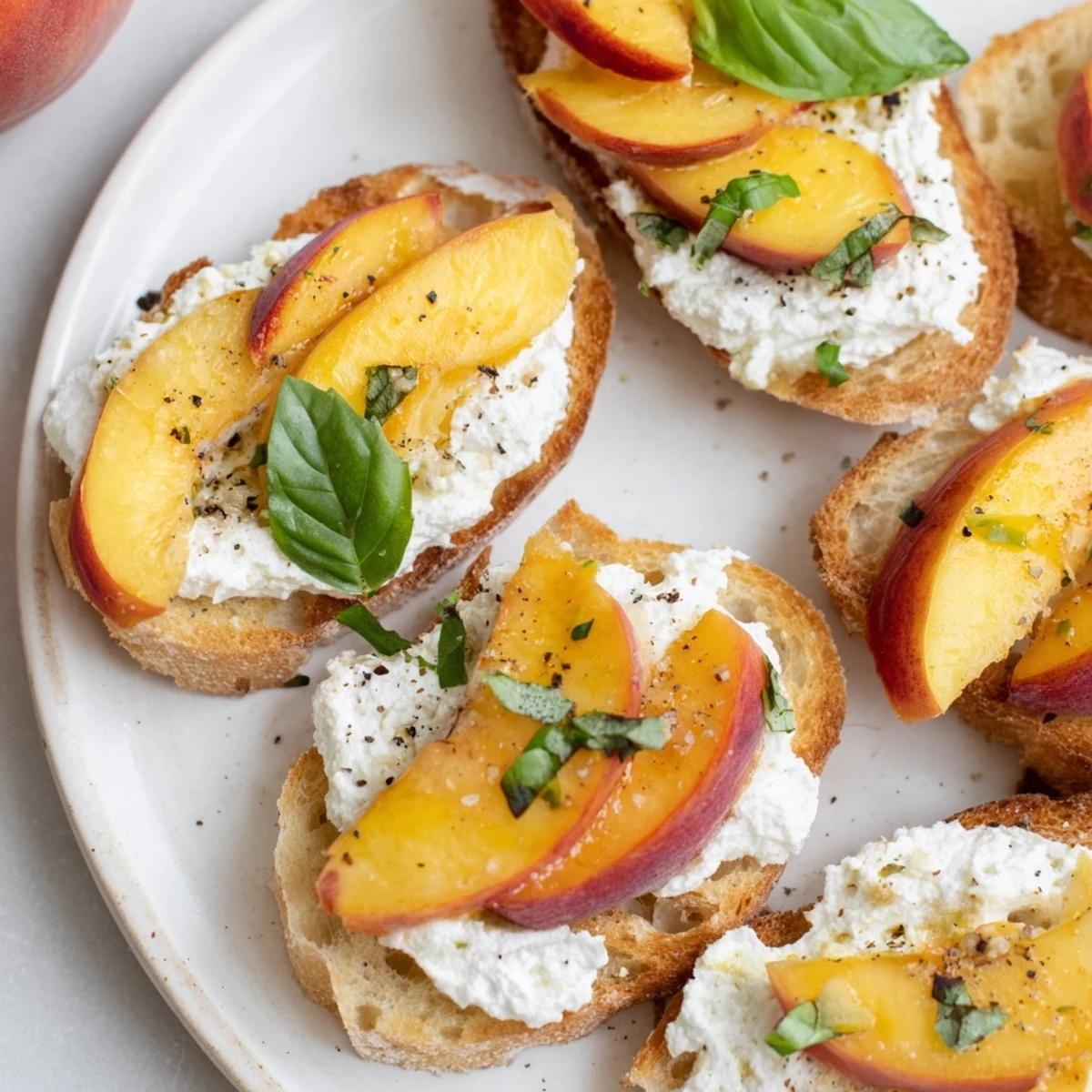 Fresh peach slices and whipped ricotta on crispy sourdough bread with herbs