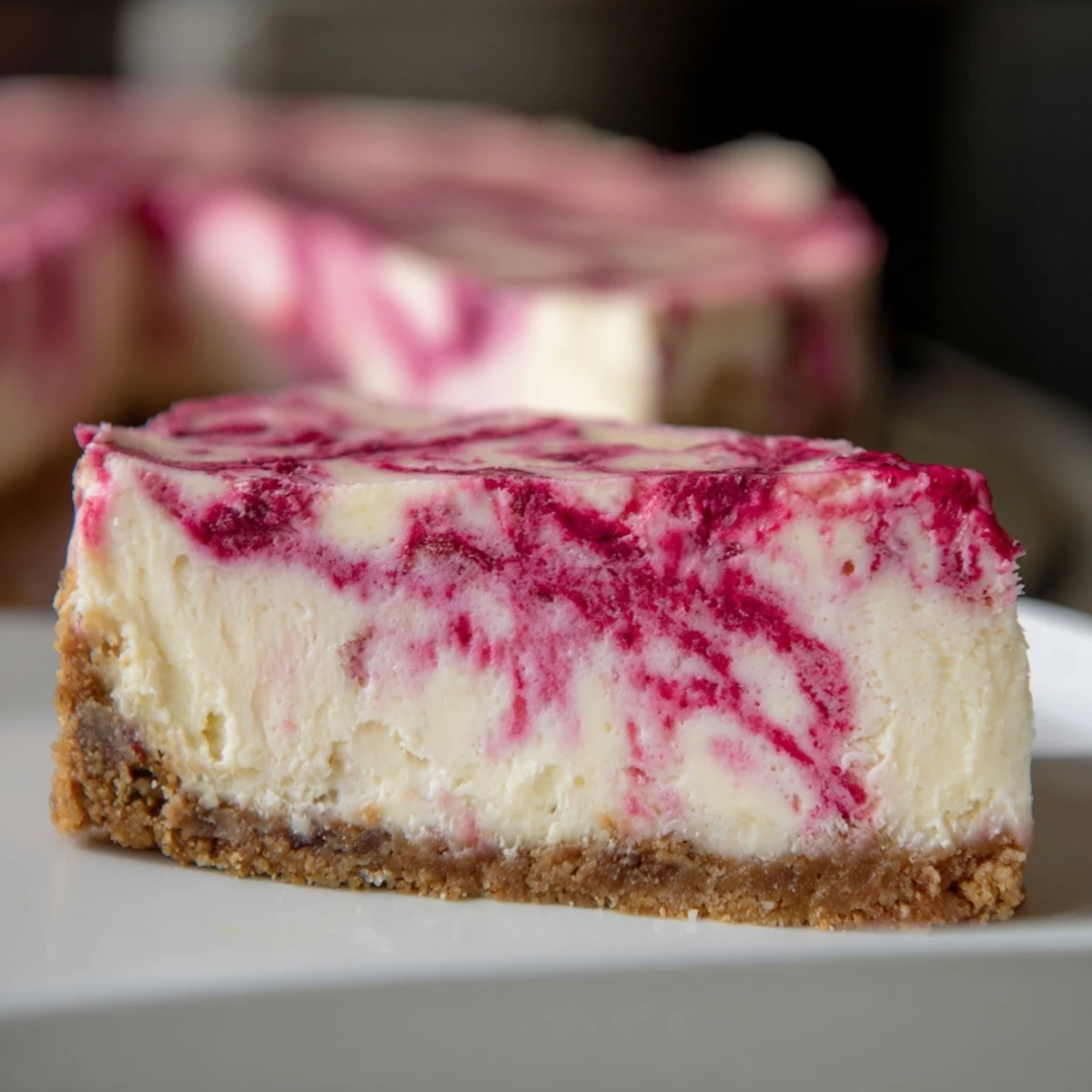 Homemade raspberry cheesecake with velvety smooth filling and fresh ruby-red raspberry ribbons throughout