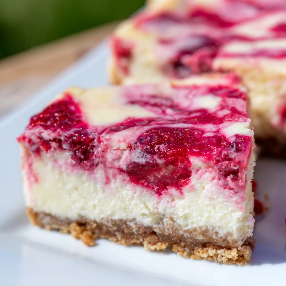 Luscious raspberry swirl cheesecake served chilled with graham cracker base and tart berry topping