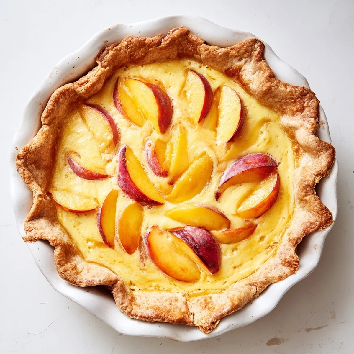 Golden peach custard pie with fresh sliced peaches in creamy vanilla custard filling