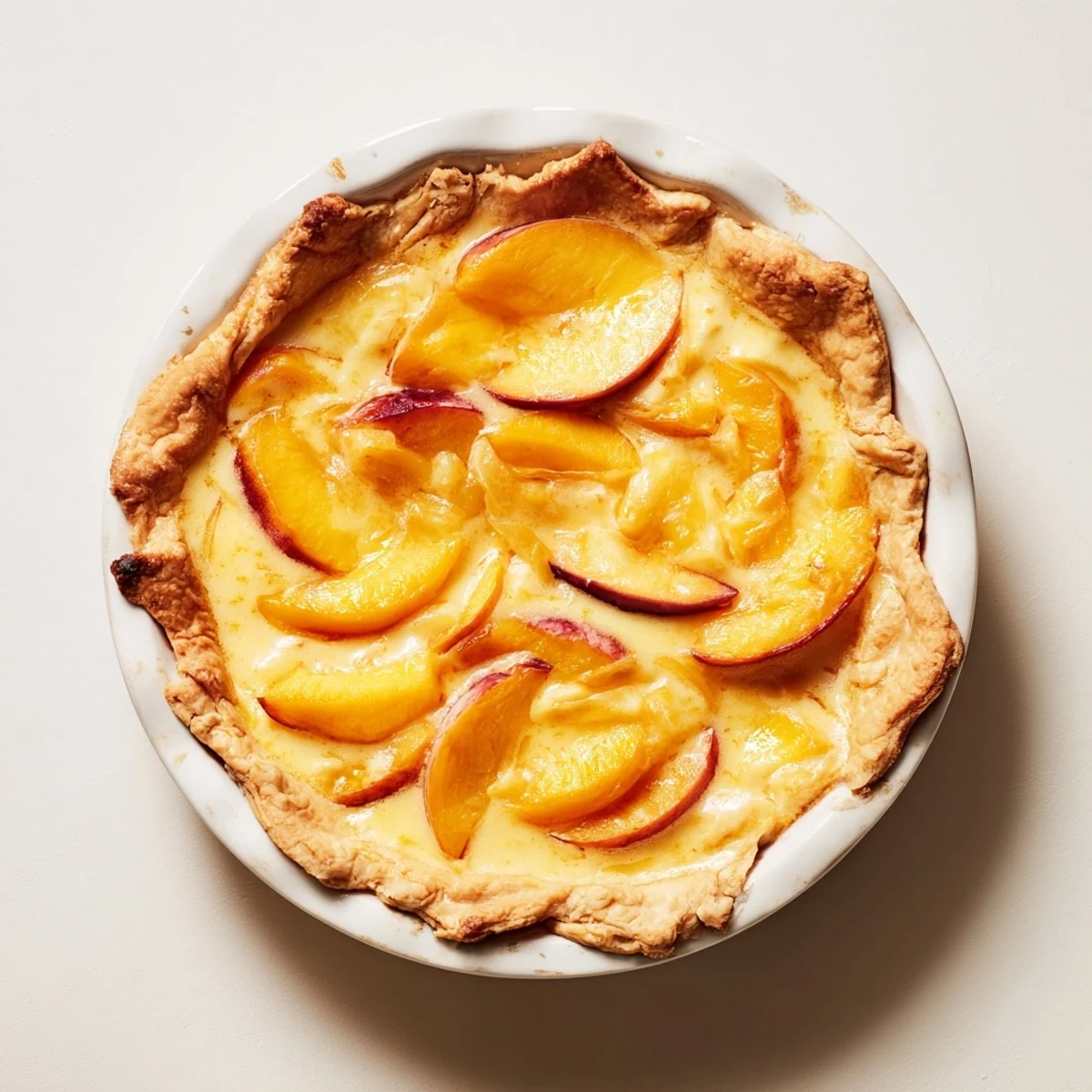 Slice of homemade peach custard pie revealing silky custard and sweet peach layers