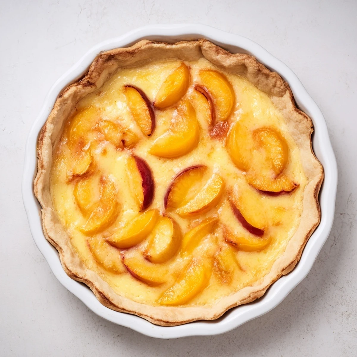 Baked peach custard pie with golden flaky crust and nutmeg-dotted custard surface