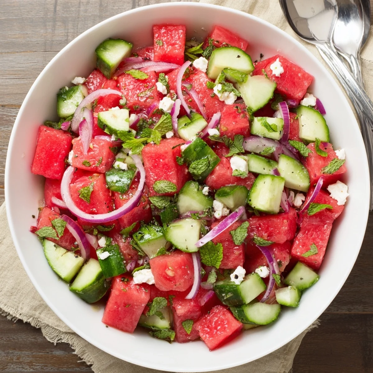 Fresh watermelon feta salad bowl with juicy red cubes, creamy white feta crumbles, green cucumber, and bright mint leaves arranged on a white serving plate.