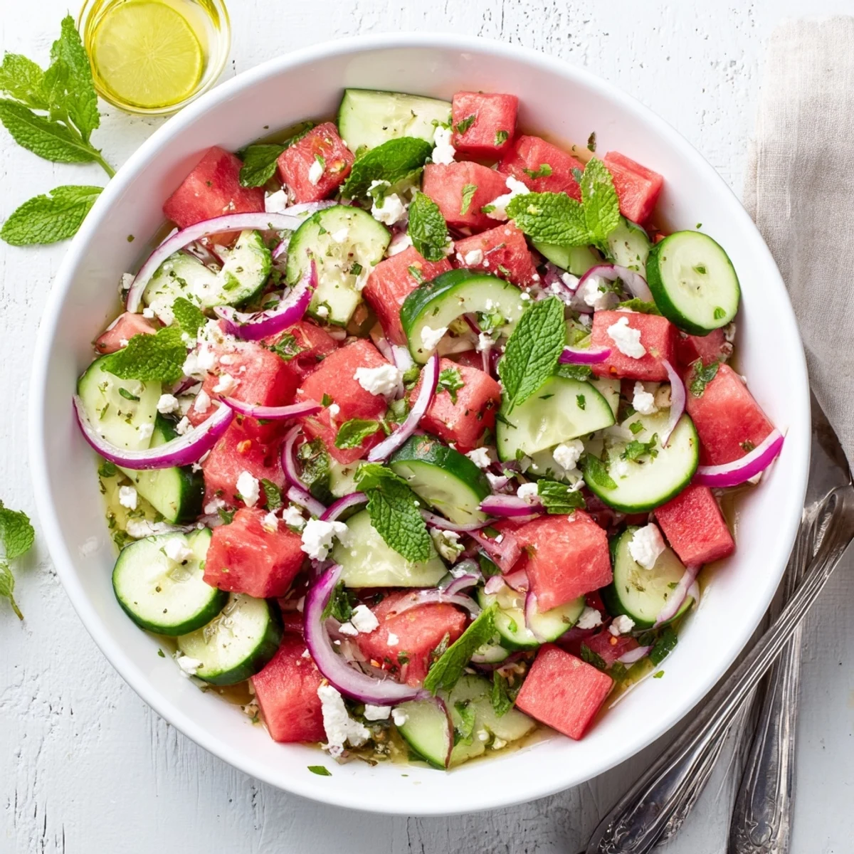 Summer watermelon feta salad featuring vibrant watermelon chunks, tangy feta cheese, crisp cucumber pieces, and fragrant mint tossed in a light citrus dressing.