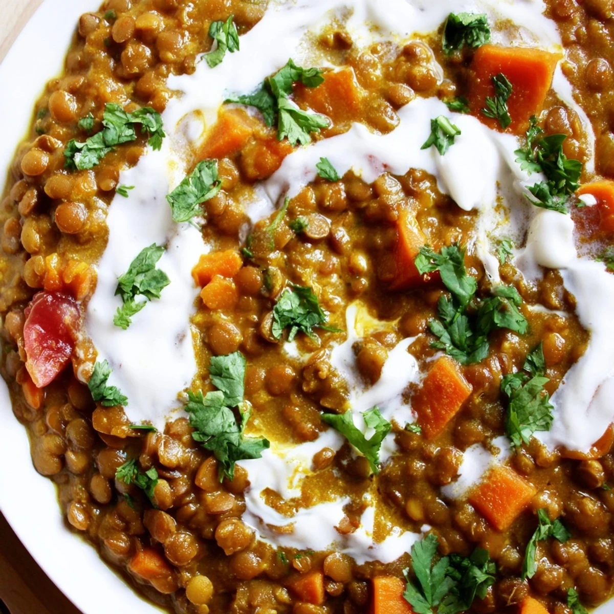 Creamy Greek yogurt lentil curry plated with fluffy basmati rice and fresh cilantro garnish