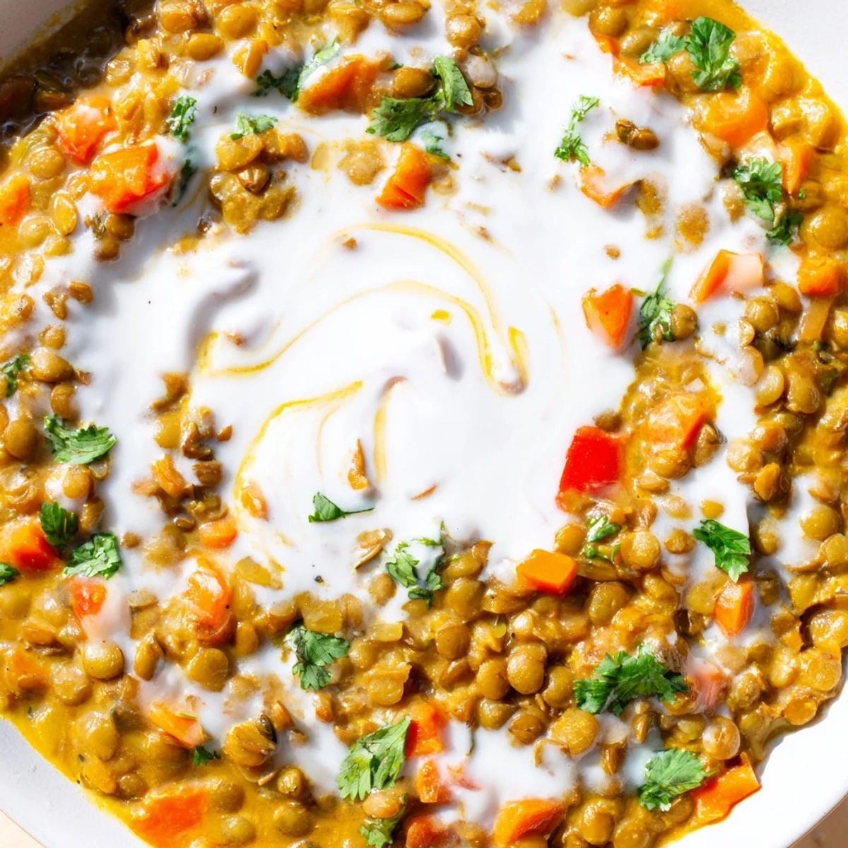Golden bowl of protein-packed Greek yogurt lentil curry served alongside warm naan bread