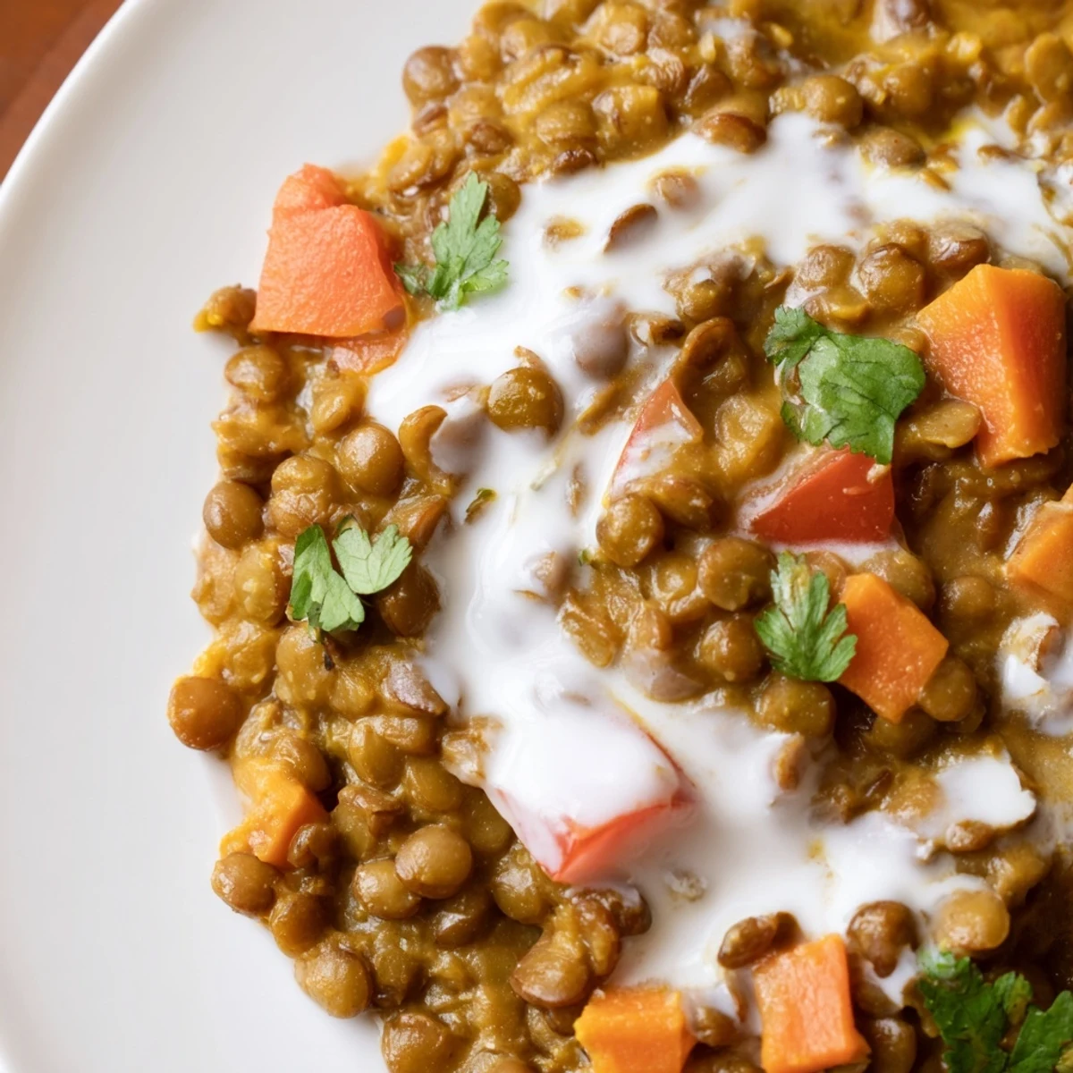 Tangy Greek yogurt lentil curry topped with green cilantro in a white serving bowl