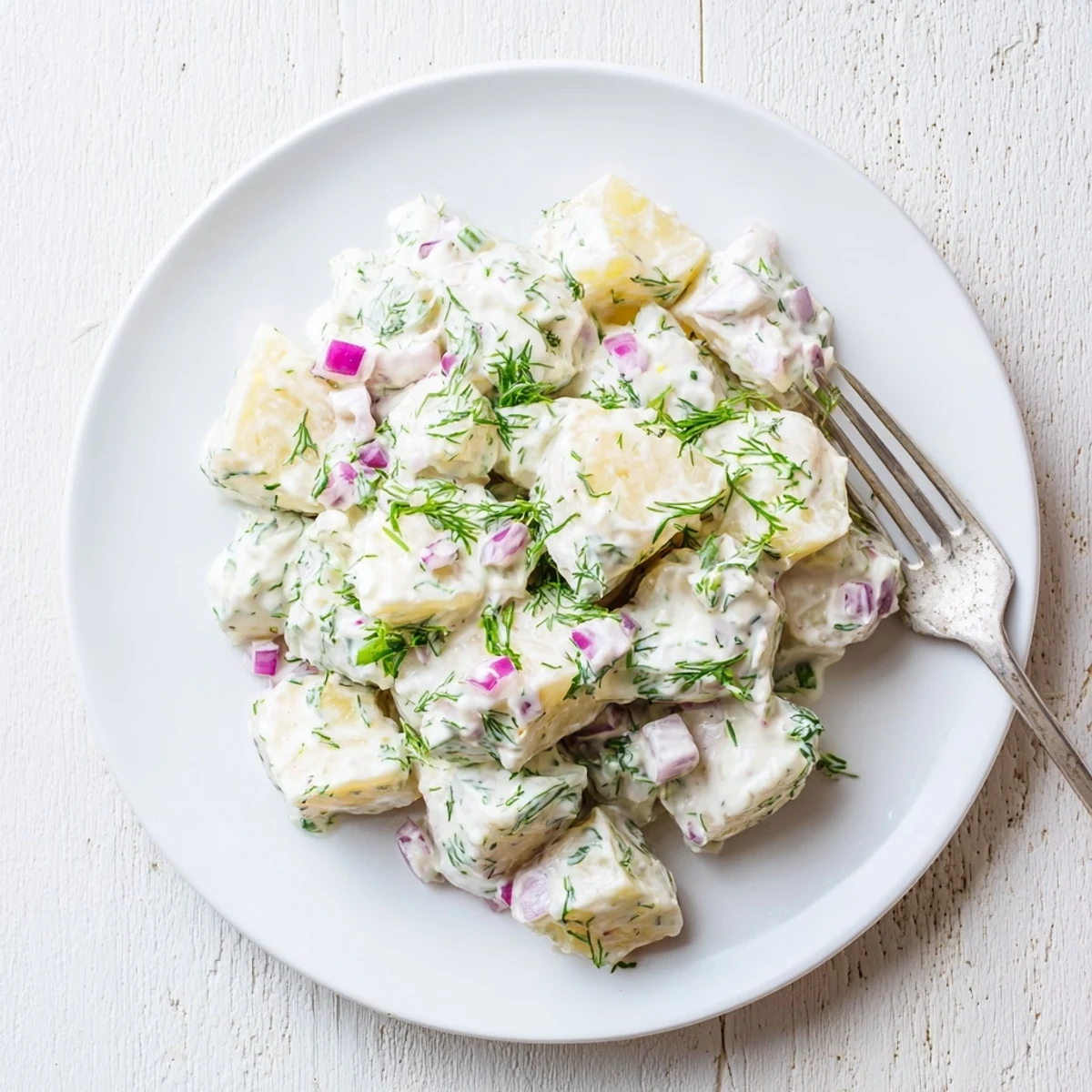 Light and tangy Greek yogurt potato salad featuring baby potatoes coated in herbed dressing with colorful diced vegetables and dill garnish