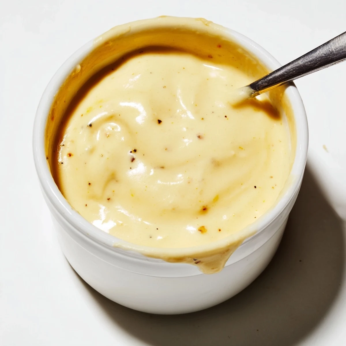 Creamy homemade cheese sauce for fries served in a white dipping bowl