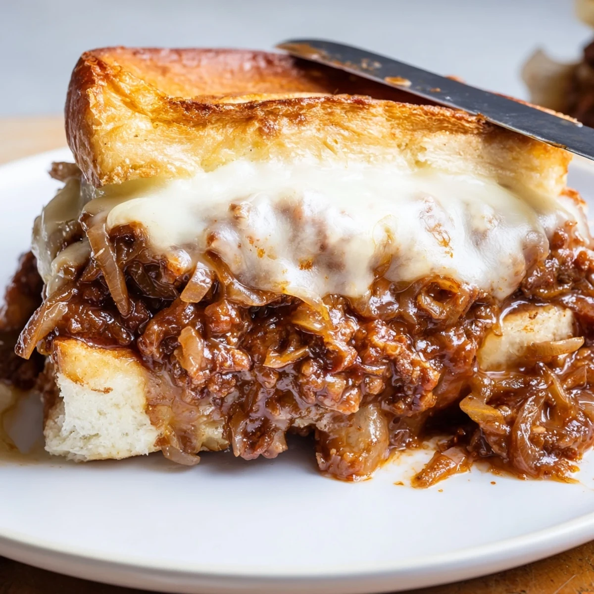 Bubbling provolone cheese covers these beef and caramelized onion sloppy joes served on golden toasted buns
