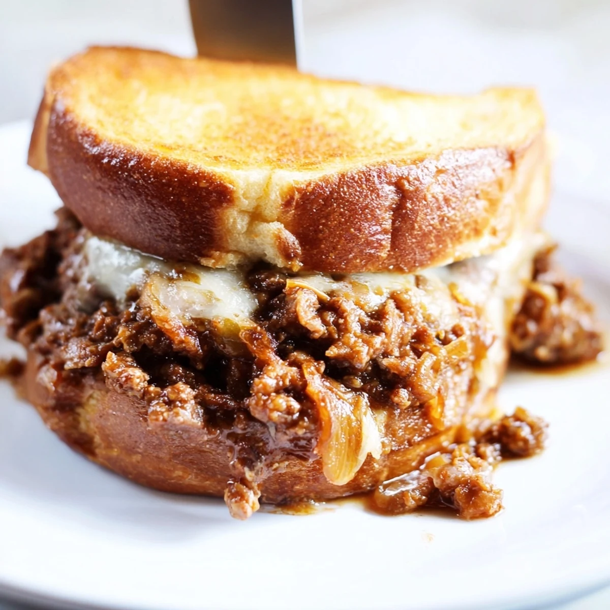 Rich and savory French onion beef sloppy joes feature gooey melted cheese topping a hearty meat sandwich