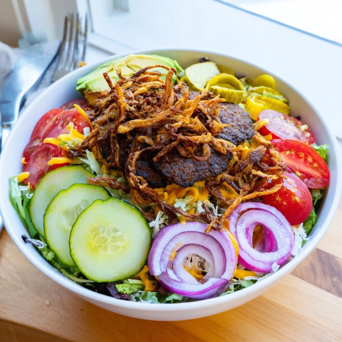 Golden smash burger bowl with crispy beef patties over fresh greens and tangy pickles