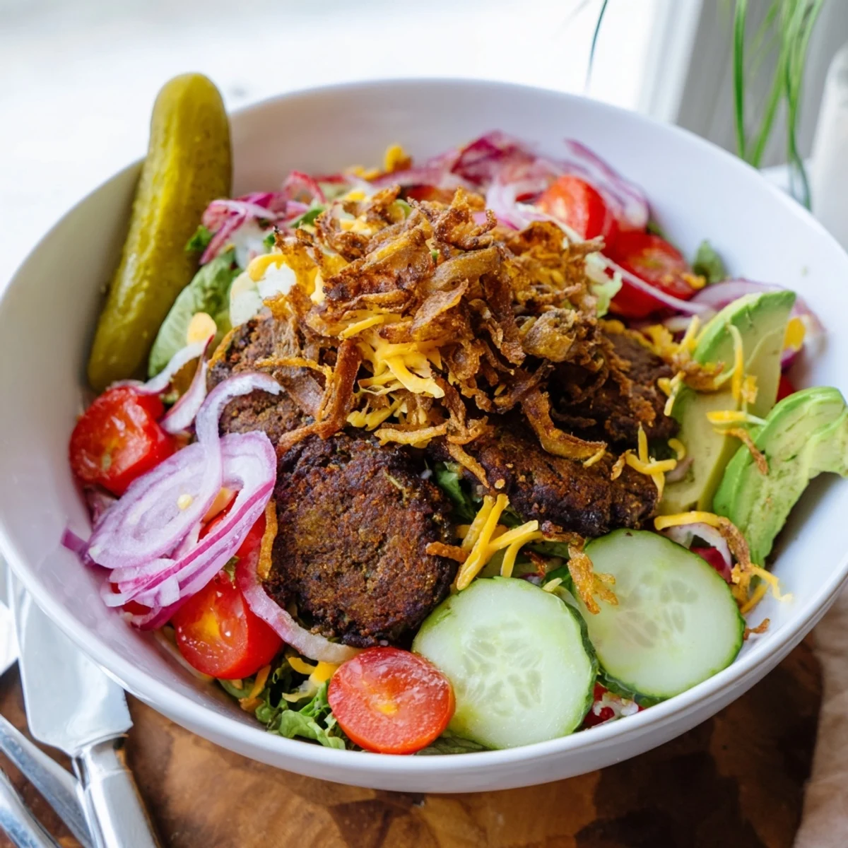 Low-carb smash burger bowl featuring juicy patties avocado tomato and creamy special sauce