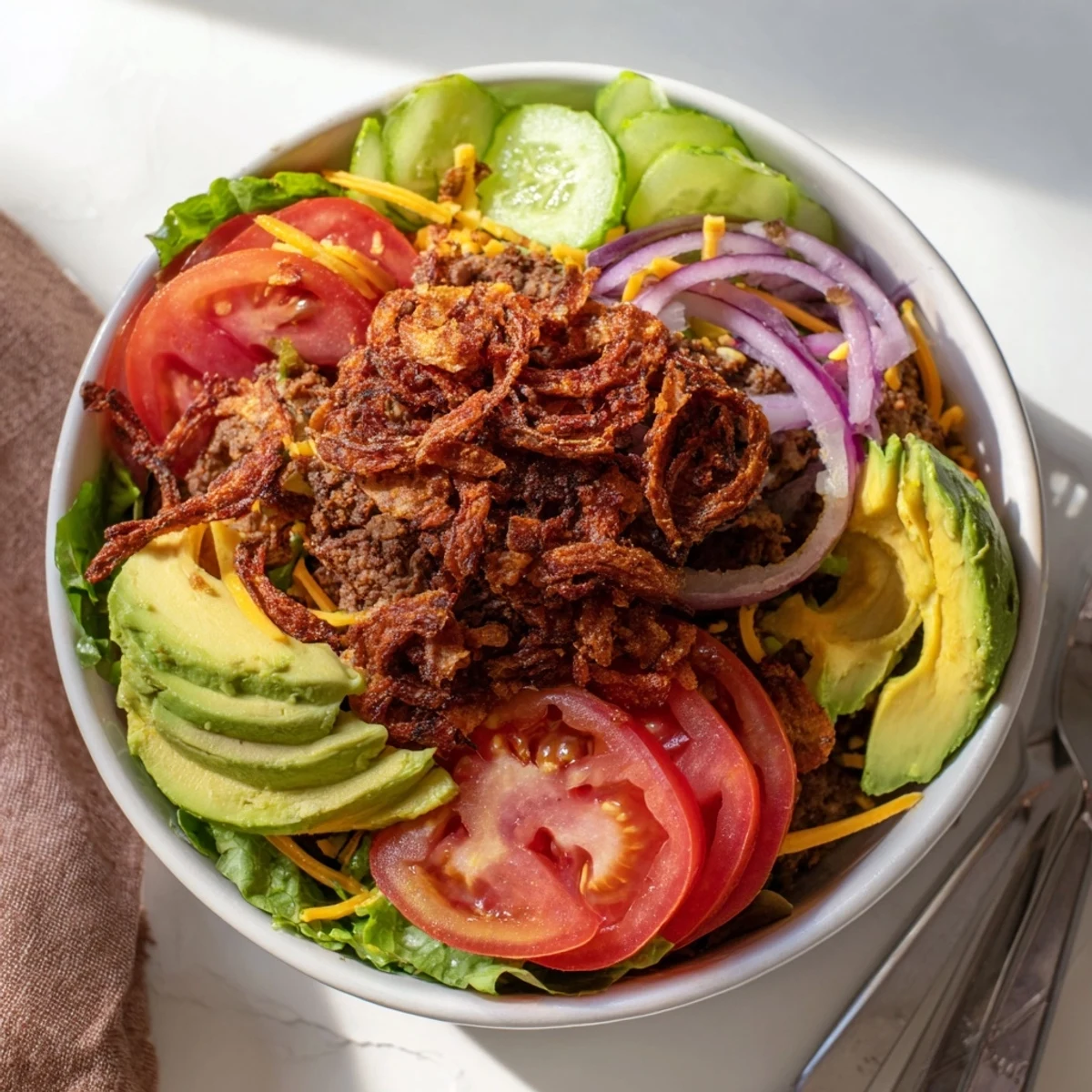 Deconstructed American smash burger bowl with cheddar crispy onions and garden vegetables