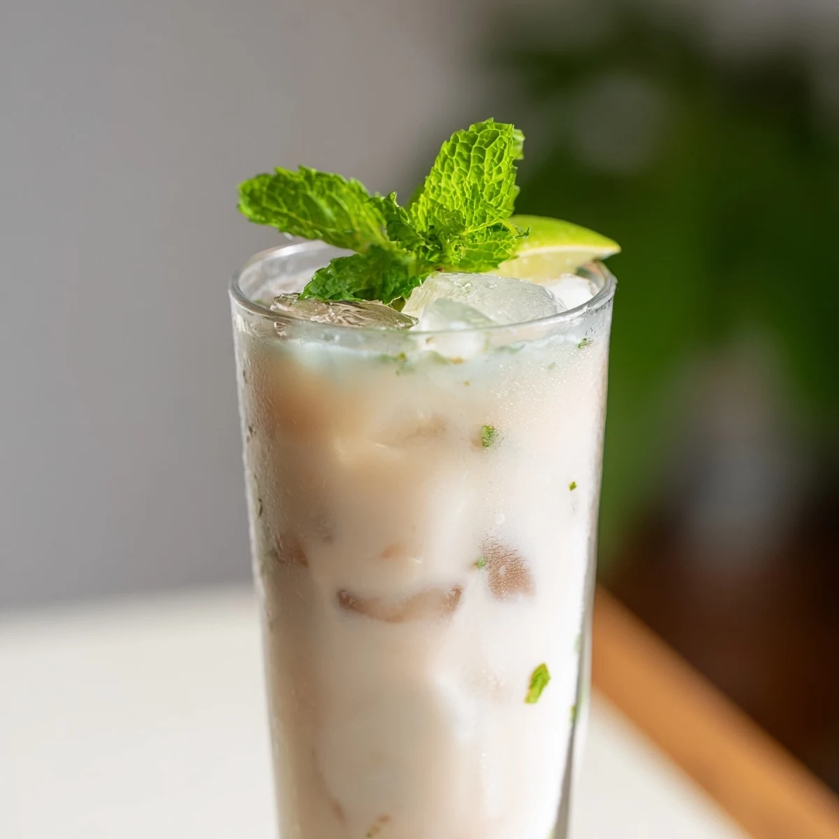 Tall glass of Coconut Lychee Iced Drink with white coconut milk layered over ice, garnished with pink lychee fruit and fresh mint leaves on a wooden table