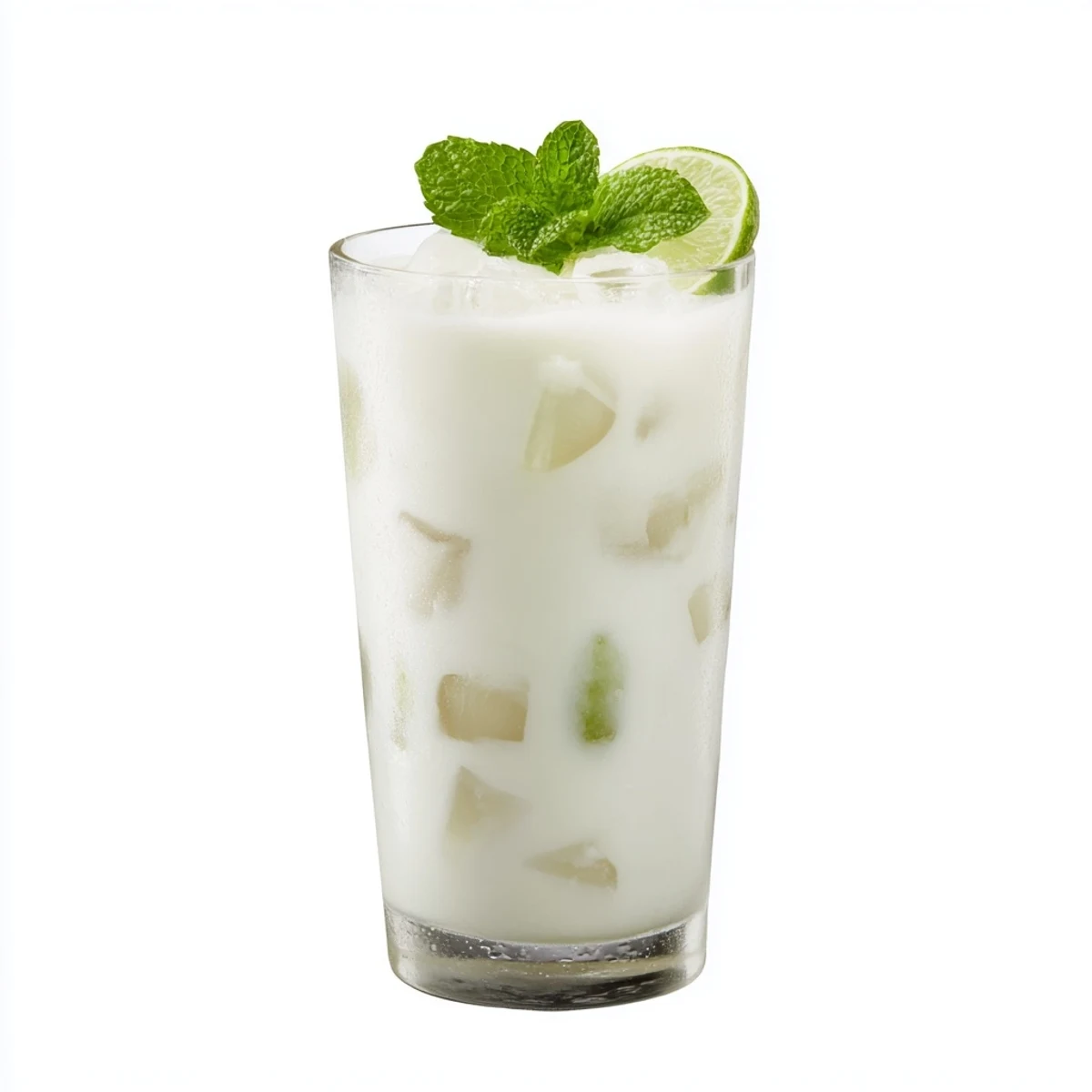 Refreshing Coconut Lychee Iced Drink served in a chilled glass with whole lychees floating among ice cubes, lime wheel, and green mint sprig