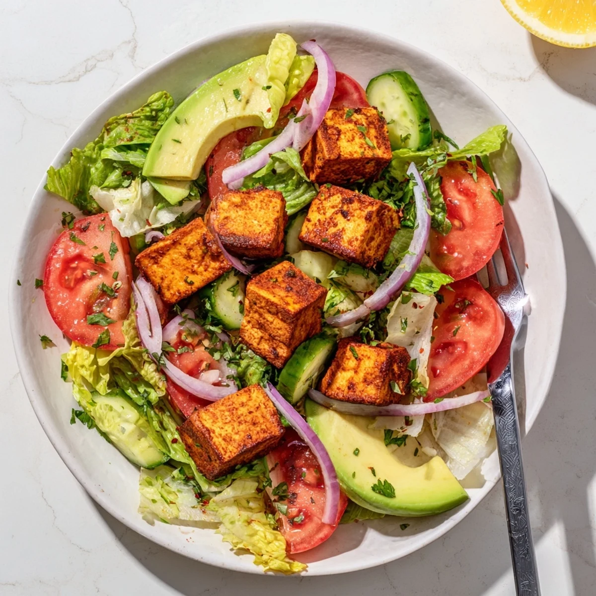 Golden smoky tofu cubes arranged over crisp romaine lettuce and juicy red tomato slices