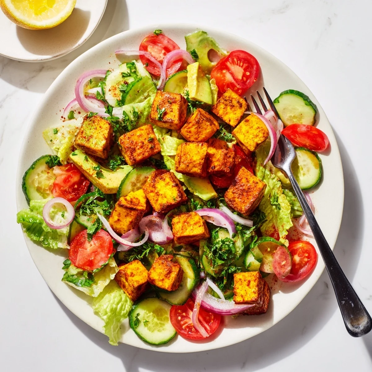 Fresh summer salad featuring warm spiced tofu atop vibrant greens and ripe tomatoes
