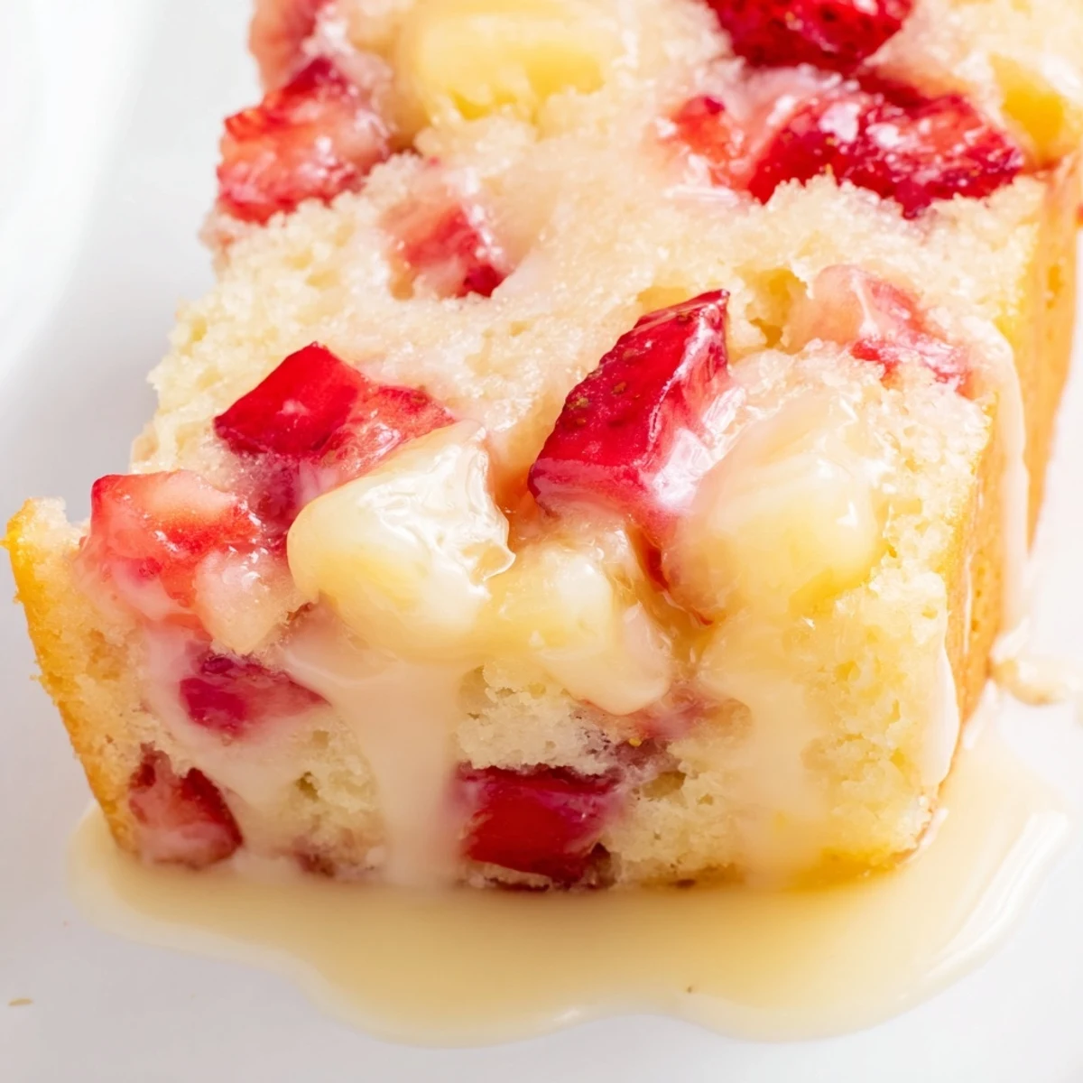 Golden glazed strawberry pineapple pound cake slice on a white plate featuring tender crumb and vibrant red fruit chunks