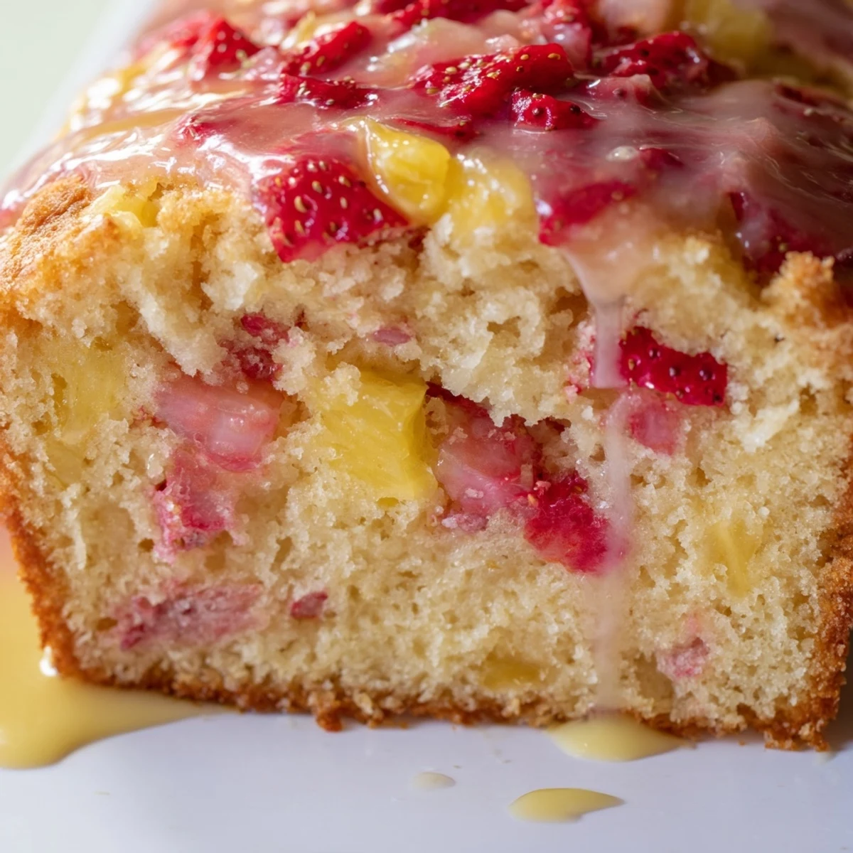 Moist strawberry pineapple pound cake loaf with pineapple drizzle glaze and fresh strawberry garnish on rustic wooden board