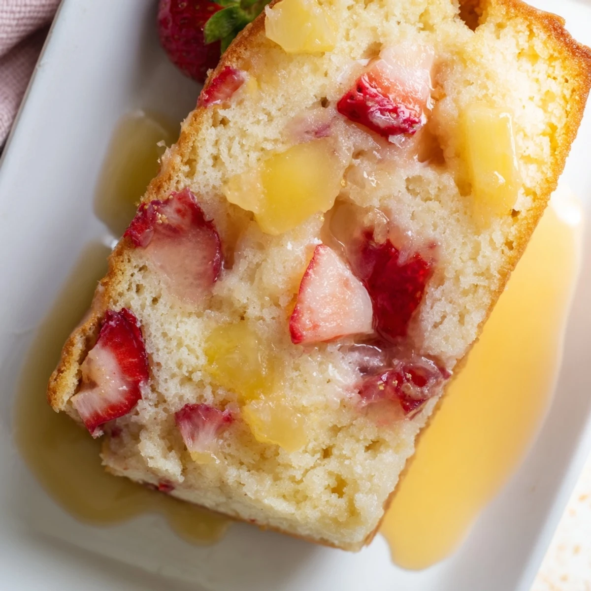 Homemade strawberry pineapple pound cake with golden crust and juicy fruit pieces served on wire cooling rack