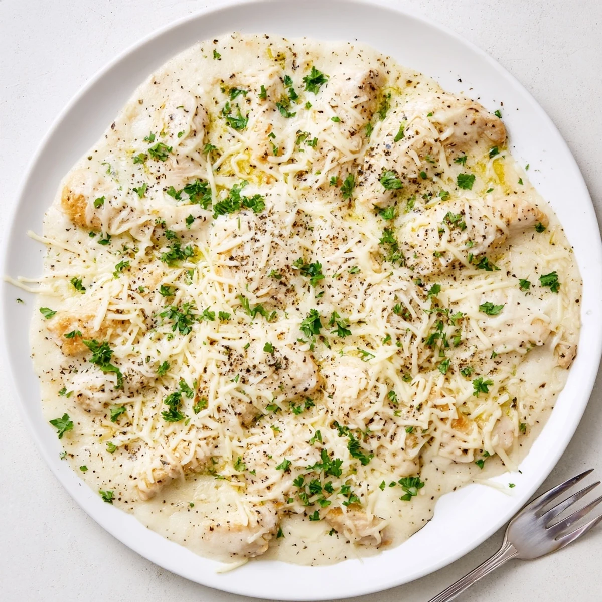 Golden bubbly creamy parmesan baked caesar chicken fresh from the oven with melted cheese topping