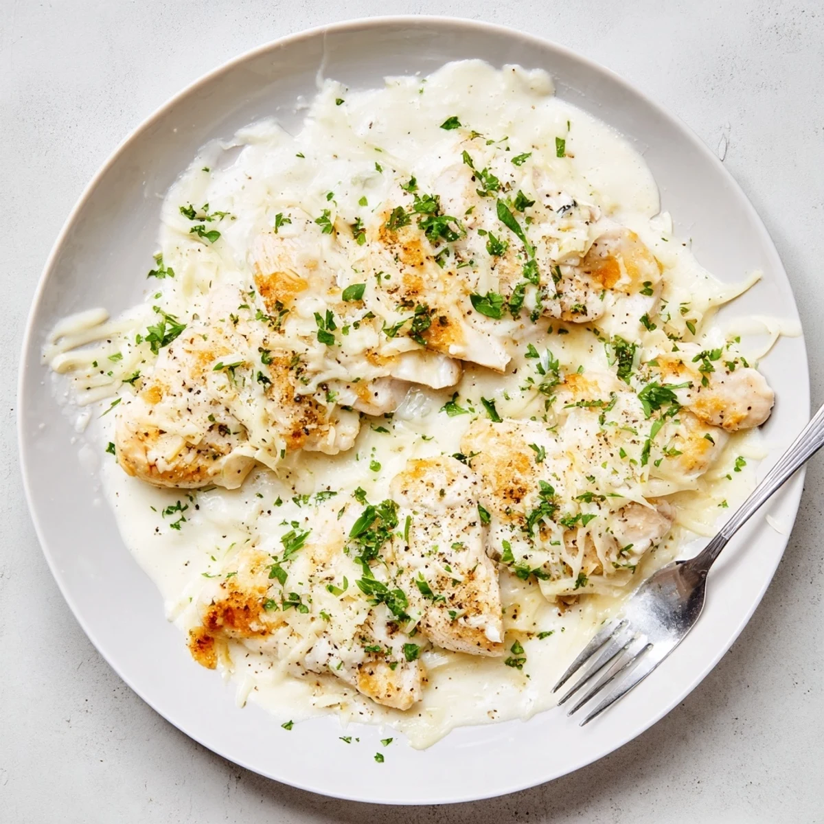 Creamy parmesan baked caesar chicken topped with melted mozzarella and garnished with fresh parsley