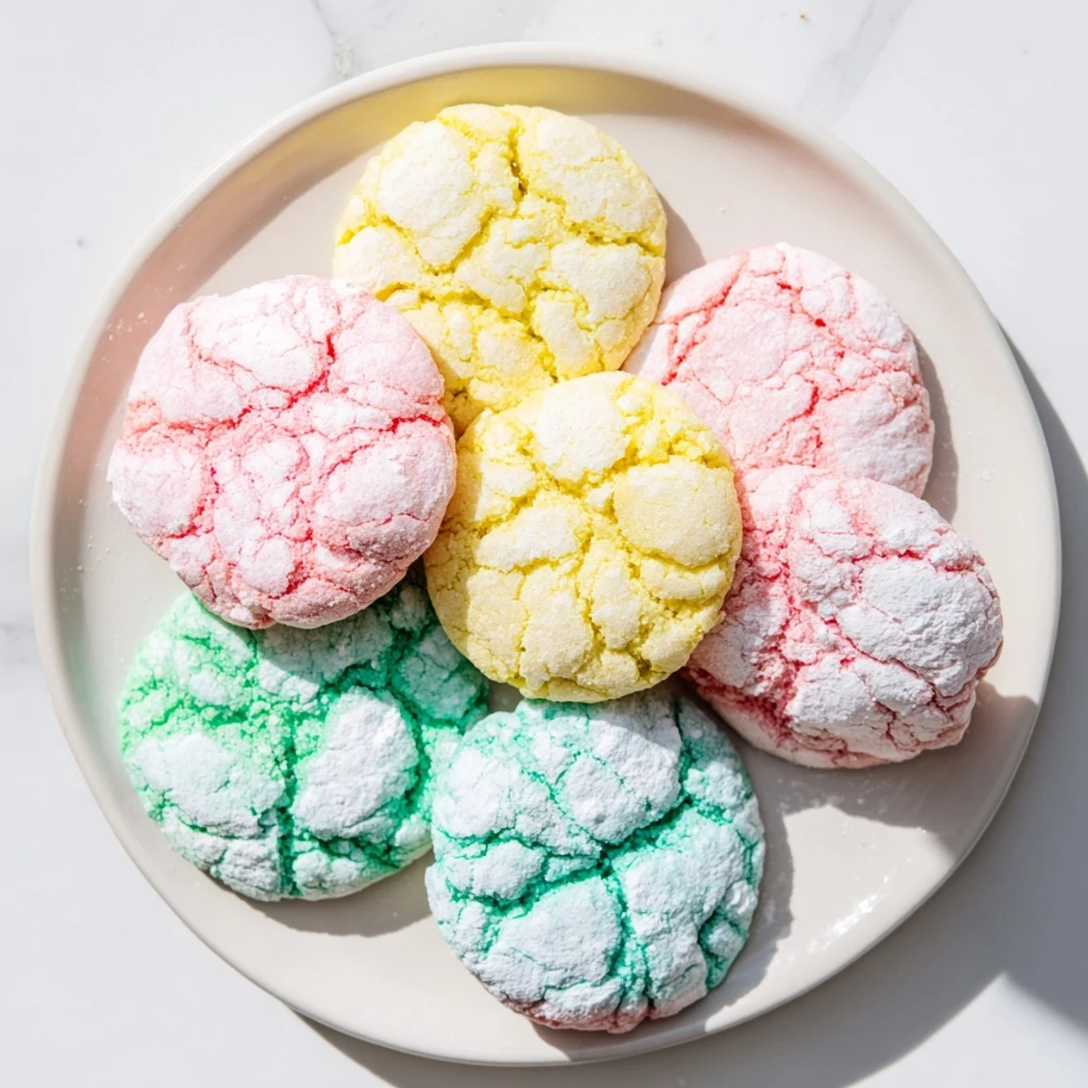 Pastel springtime crinkle cookies with soft cracked tops and colorful sugar coating on white plate.