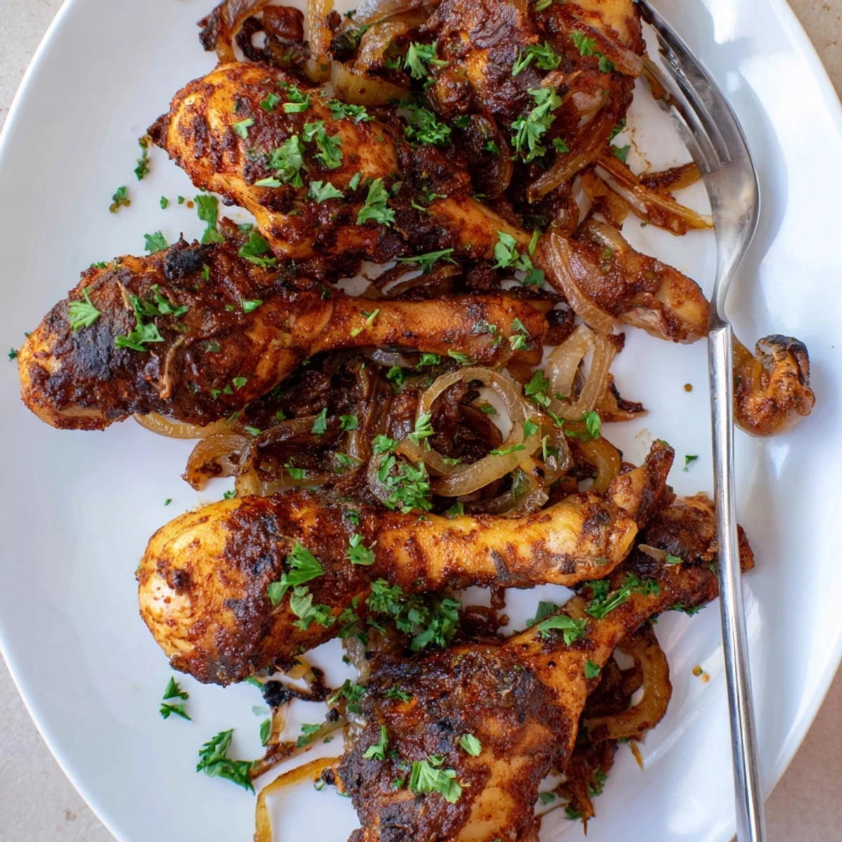 Tender herb-seasoned chicken legs slow cooked with sliced onions in a crockpot