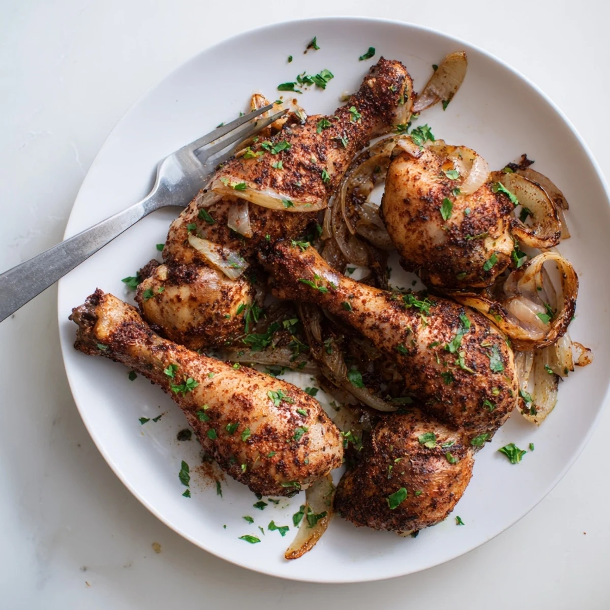 Golden brown Crockpot chicken legs garnished with fresh parsley after slow cooking