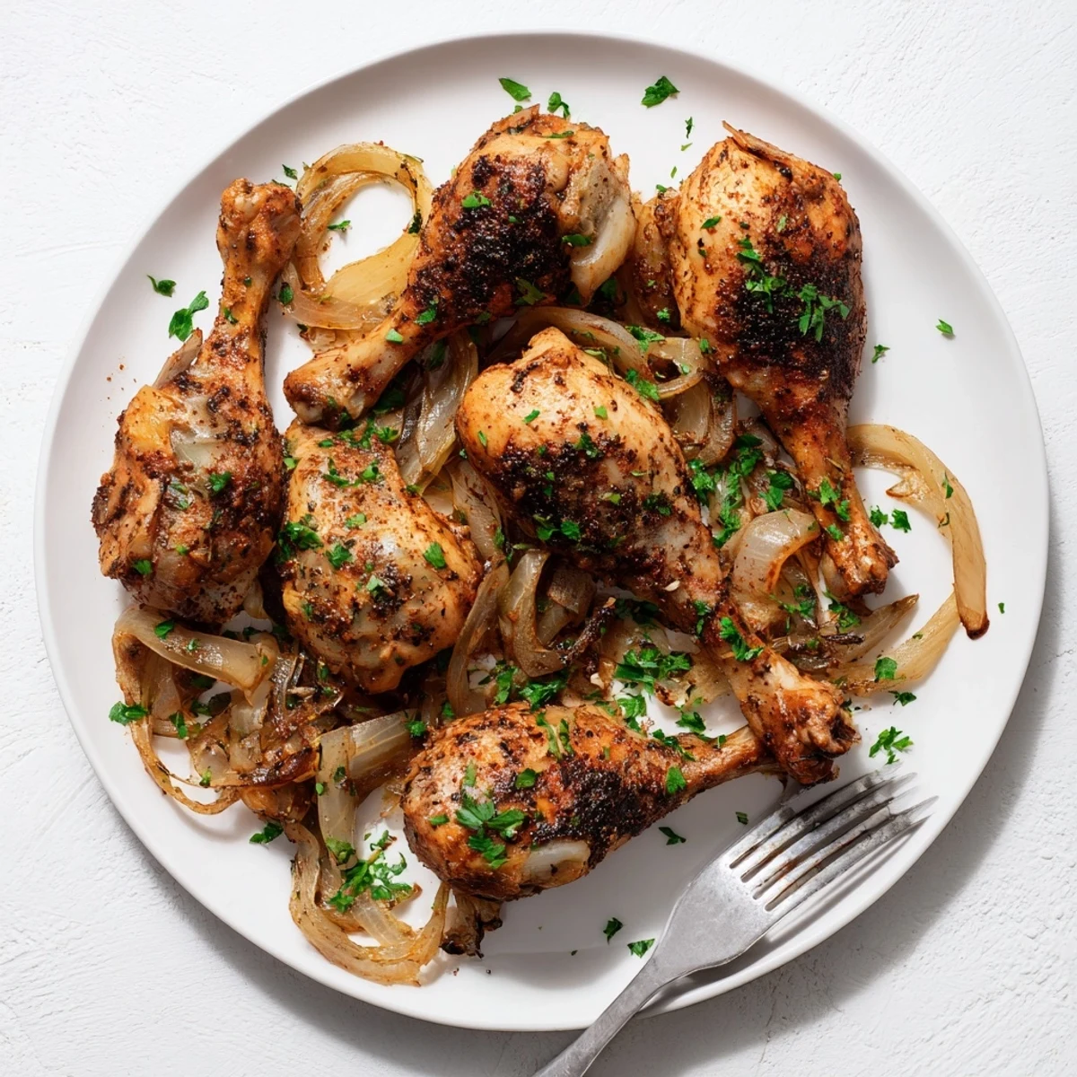 Moist and flavorful crockpot chicken legs served on a white plate with rice