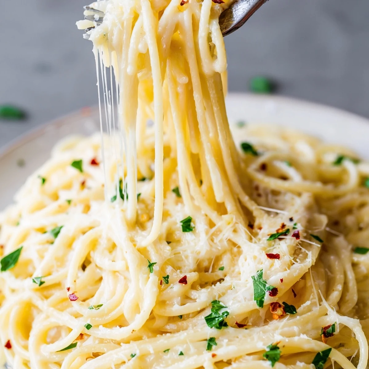 Golden strands of Cheesy Garlic Parmesan Spaghetti coated in a rich, creamy white sauce with fresh parsley sprinkles on top