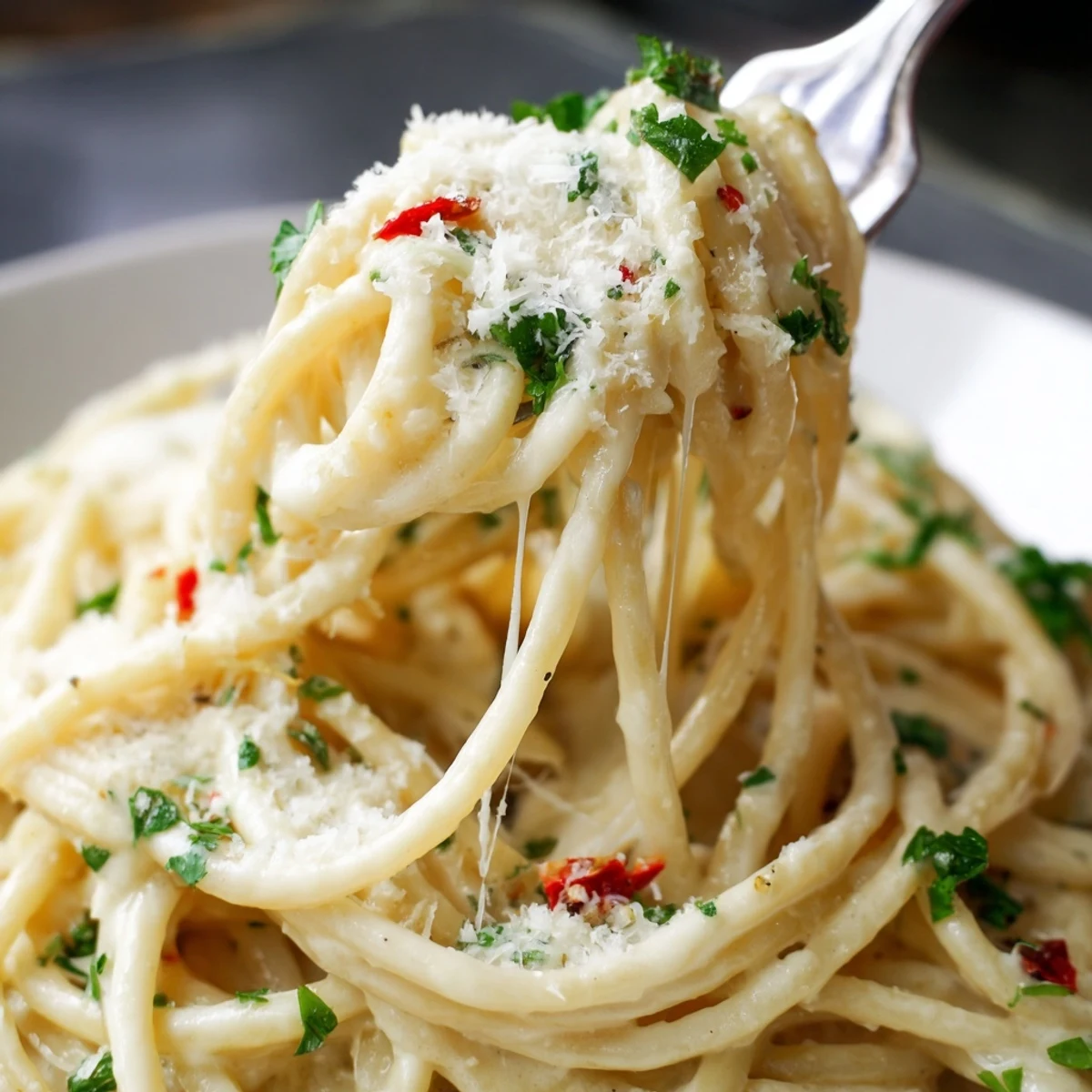 Close-up of twirled Cheesy Garlic Parmesan Spaghetti on a white plate, showcasing melted mozzarella and grated Parmesan