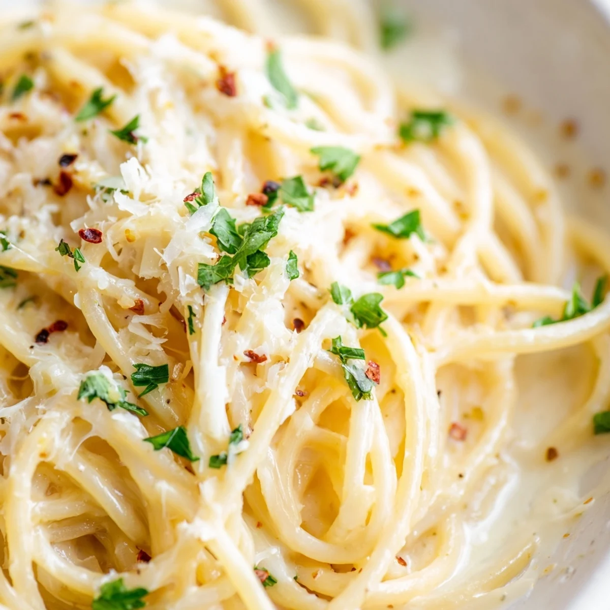A steaming bowl of Cheesy Garlic Parmesan Spaghetti tossed with garlic cream sauce and garnished with green parsley