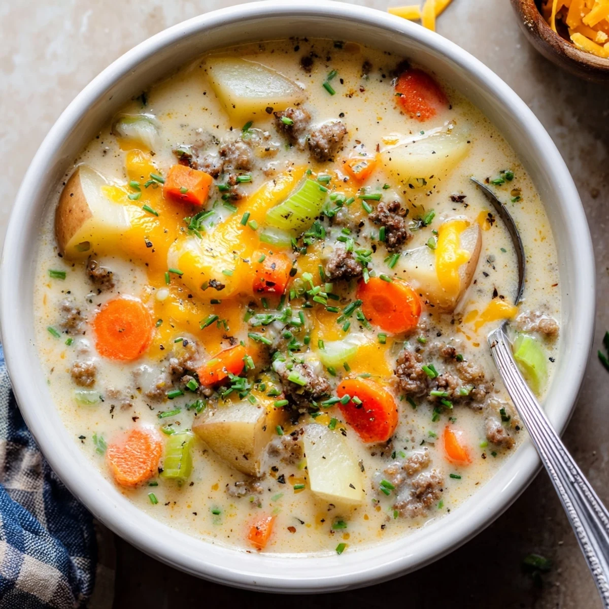 Slow cooker creamy hamburger potato soup with tender chunks of beef and vegetables in rich broth