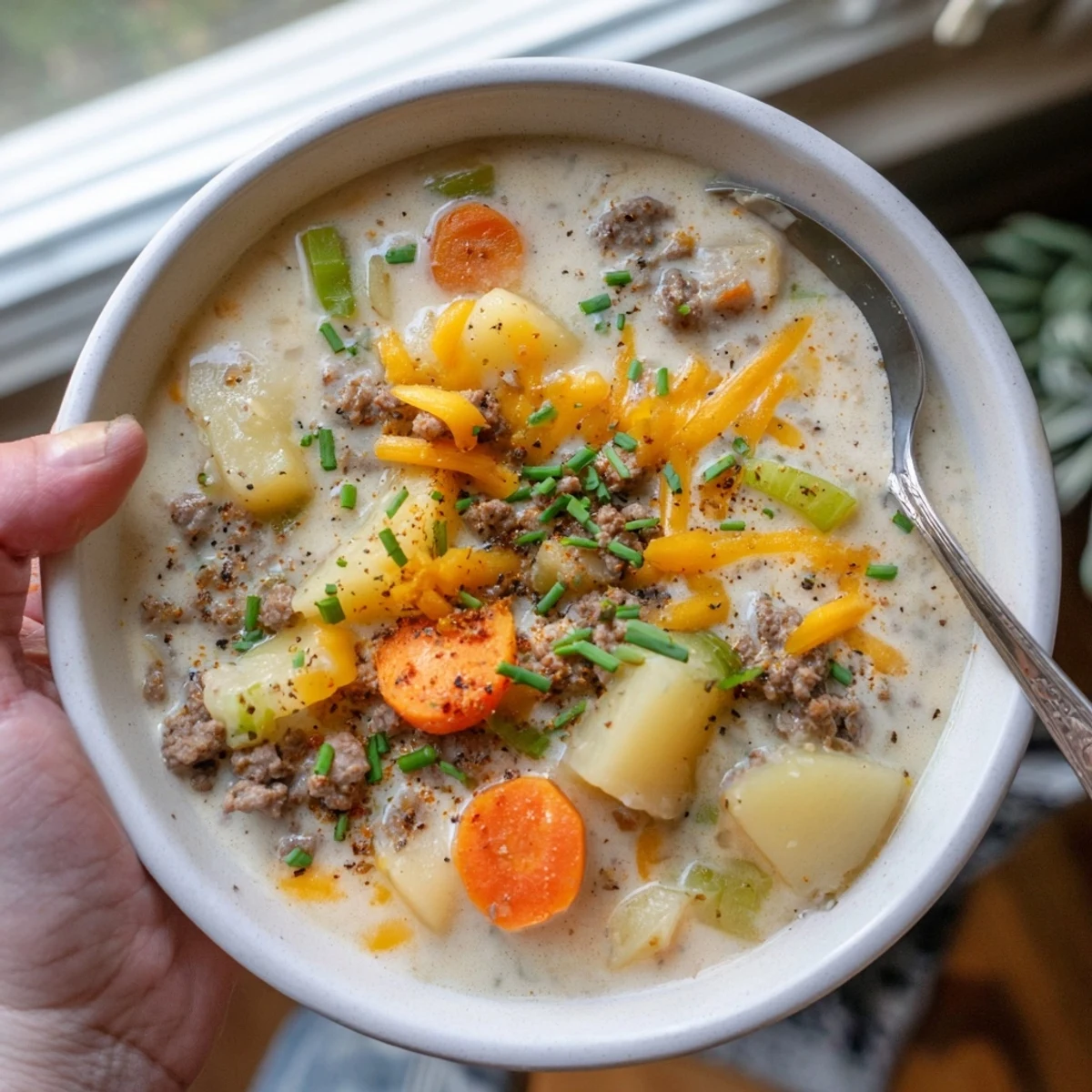 Crockpot creamy potato hamburger soup in a white bowl topped with shredded cheddar and fresh chives