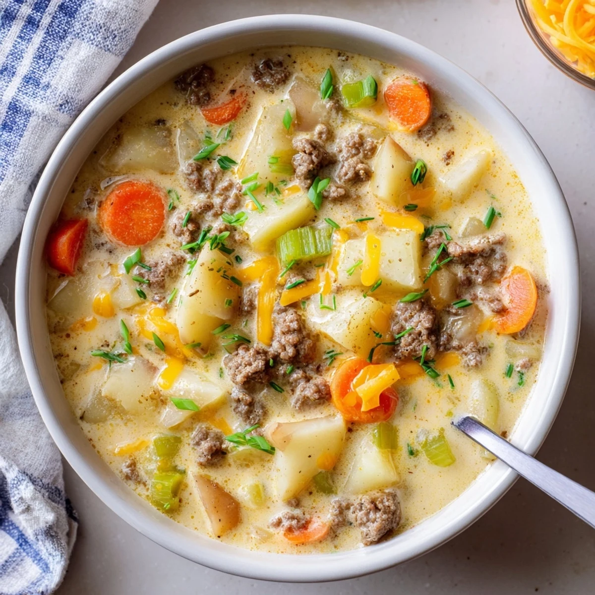 Hearty crockpot hamburger soup featuring melted cheddar, diced potatoes, and creamy broth garnished with bacon