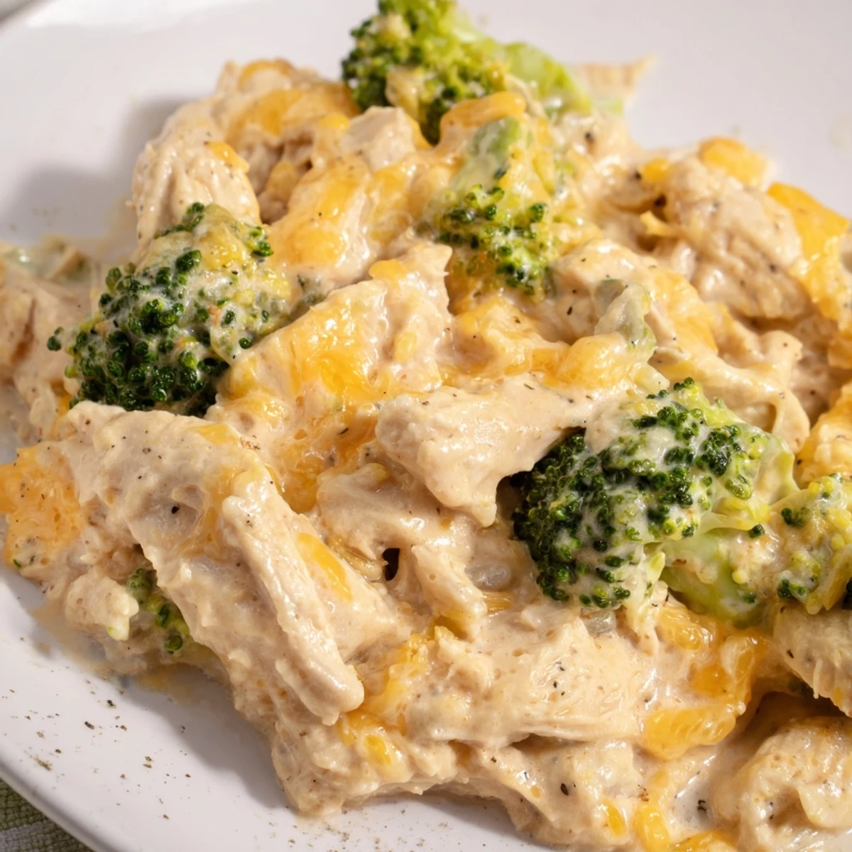 Golden cheesy Crockpot Creamy Broccoli Cheddar Chicken served over rice with fresh parsley garnish