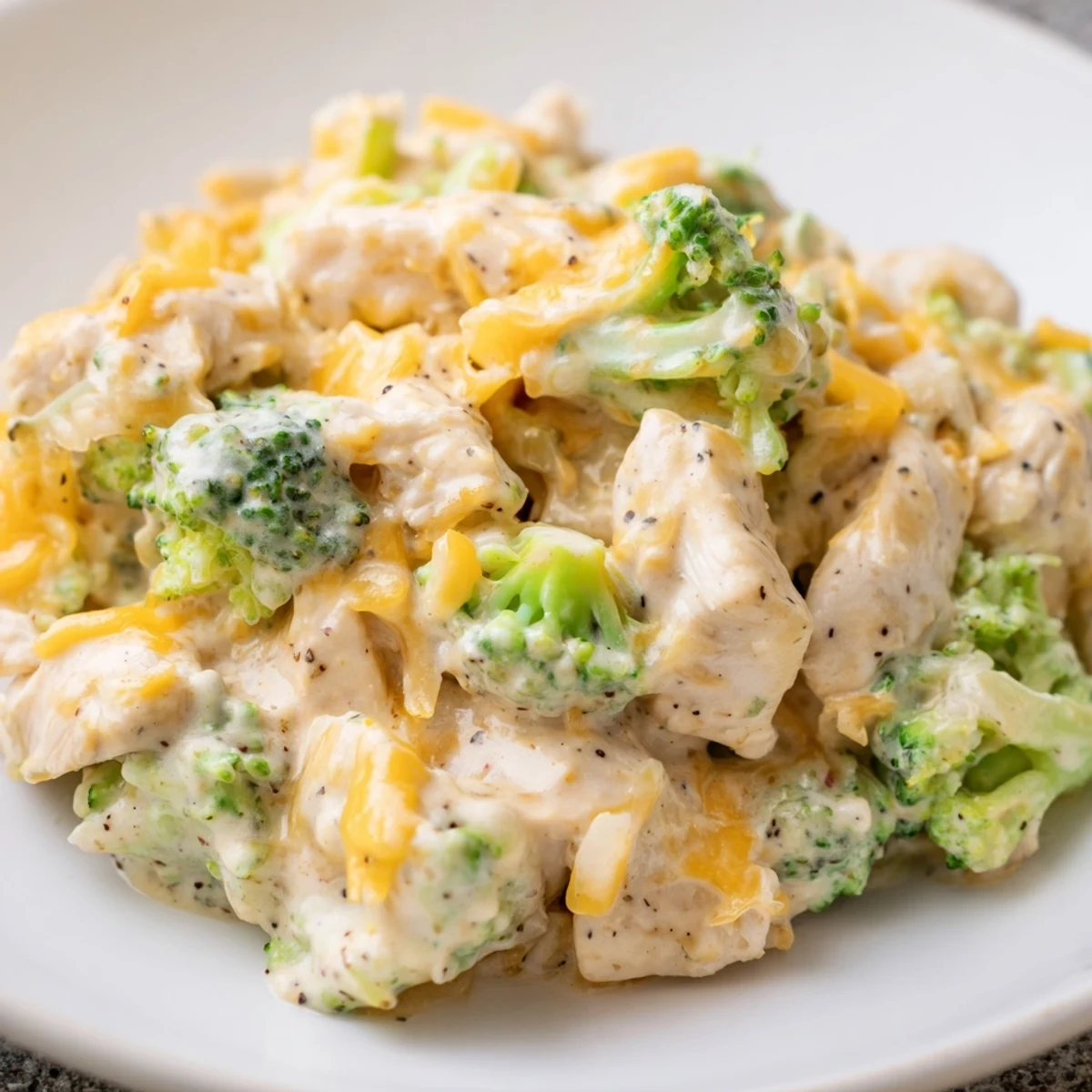 Creamy slow-cooked chicken and broccoli florets topped with melted sharp cheddar cheese on white plate